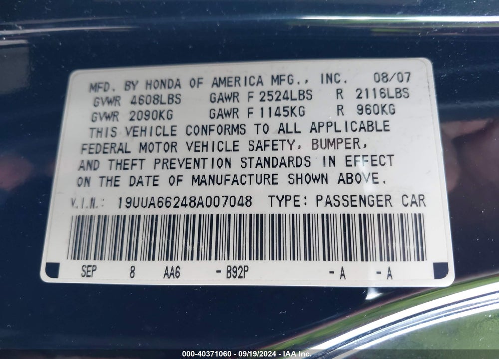 2008 ACURA TL 3.2 VIN: 19UUA66248A007048