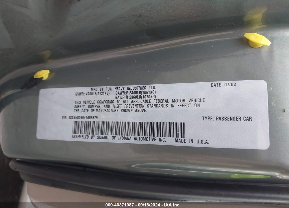 2004 SUBARU OUTBACK H6-3.0 L.L. BEAN EDITION VIN: 4S3BH806947608679