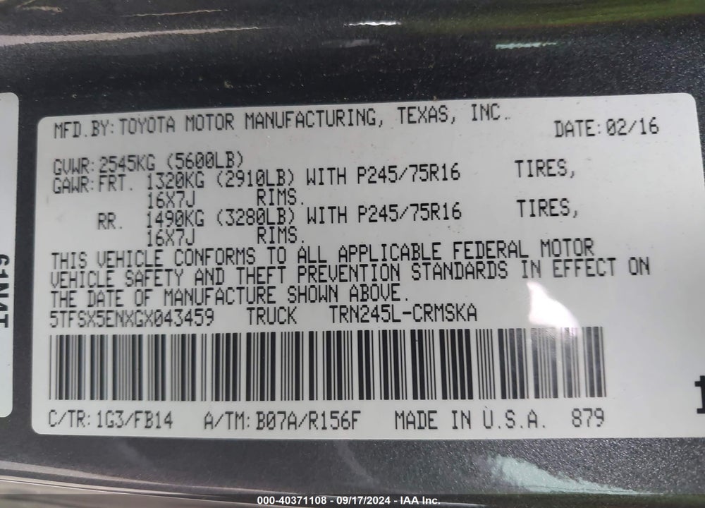 2016 TOYOTA TACOMA SR VIN: 5TFSX5ENXGX043459