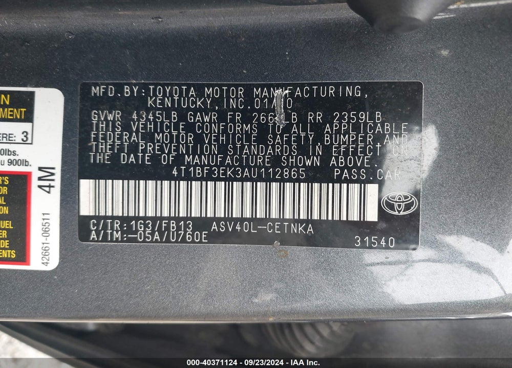 2010 TOYOTA CAMRY LE VIN: 4T1BF3EK3AU112865