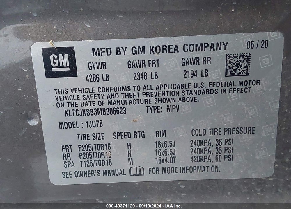 2021 CHEVROLET TRAX FWD LS VIN: KL7CJKSB3MB306623
