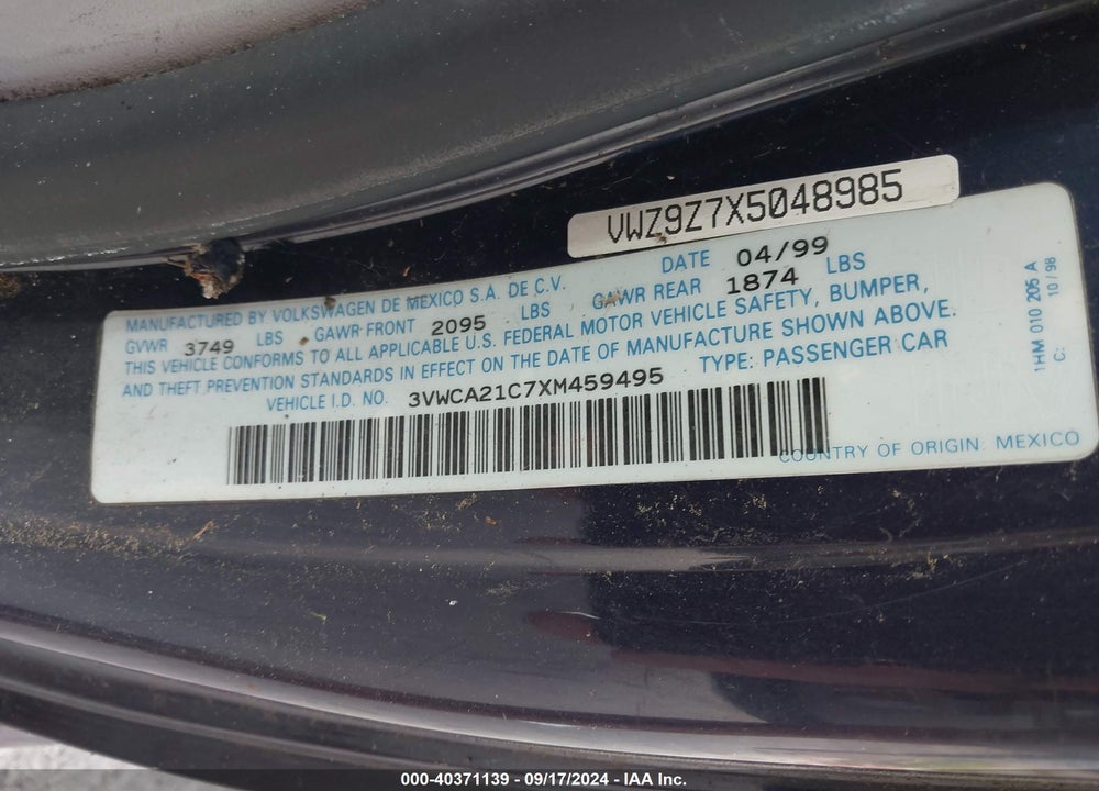 1999 VOLKSWAGEN NEW BEETLE GLS VIN: 3VWCA21C7XM459495