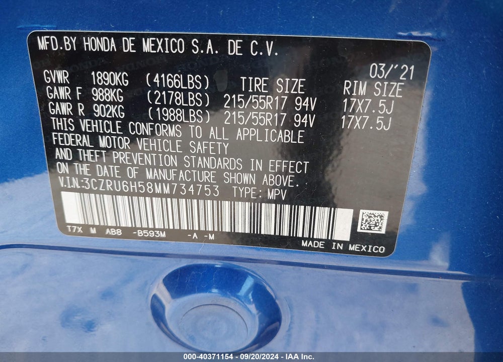 2021 HONDA HR-V AWD EX VIN: 3CZRU6H58MM734753