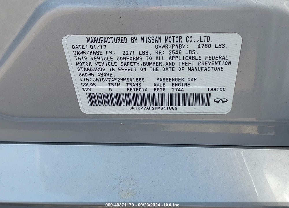 2017 INFINITI Q50 2.0T BASE VIN: JN1CV7AP2HM641869