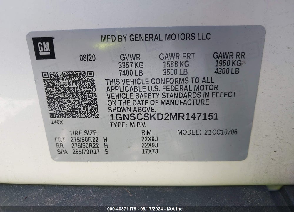 2021 CHEVROLET TAHOE 2WD PREMIER VIN: 1GNSCSKD2MR147151