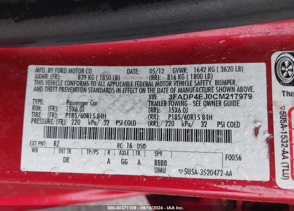2012 FORD FIESTA SE VIN: 3FADP4EJ0CM217979