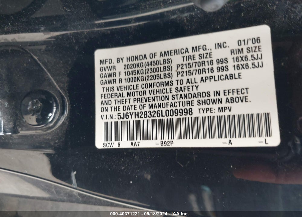 2006 HONDA ELEMENT LX VIN: 5J6YH28326L009998