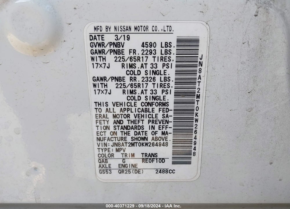 2019 NISSAN ROGUE SV VIN: JN8AT2MT0KW264948