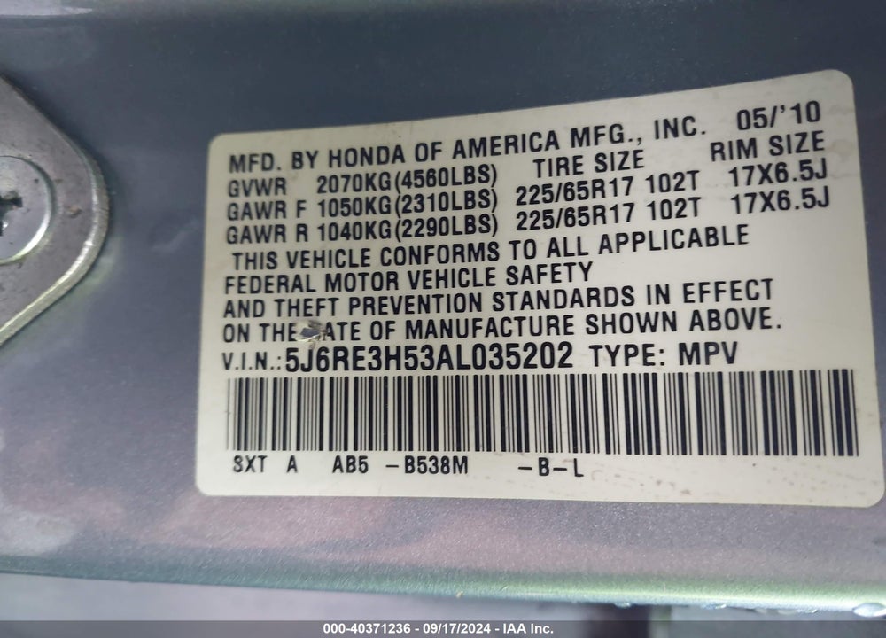2010 HONDA CR-V EX VIN: 5J6RE3H53AL035202