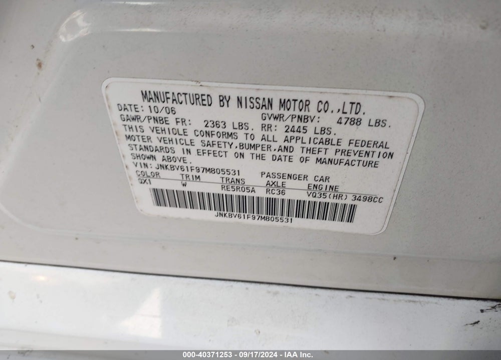 2007 INFINITI G35X VIN: JNKBV61F97M805531