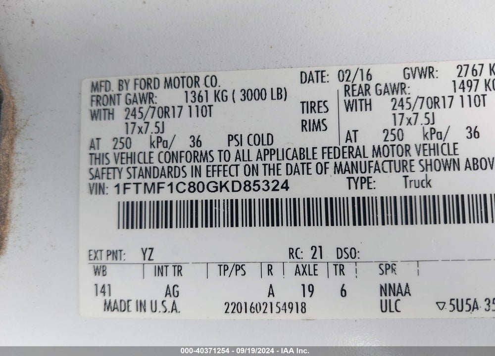 2016 FORD F-150 XL VIN: 1FTMF1C80GKD85324