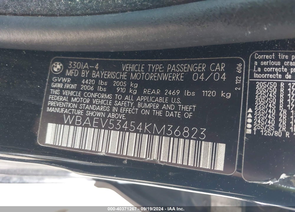 2004 BMW 330I VIN: WBAEV53454KM36823