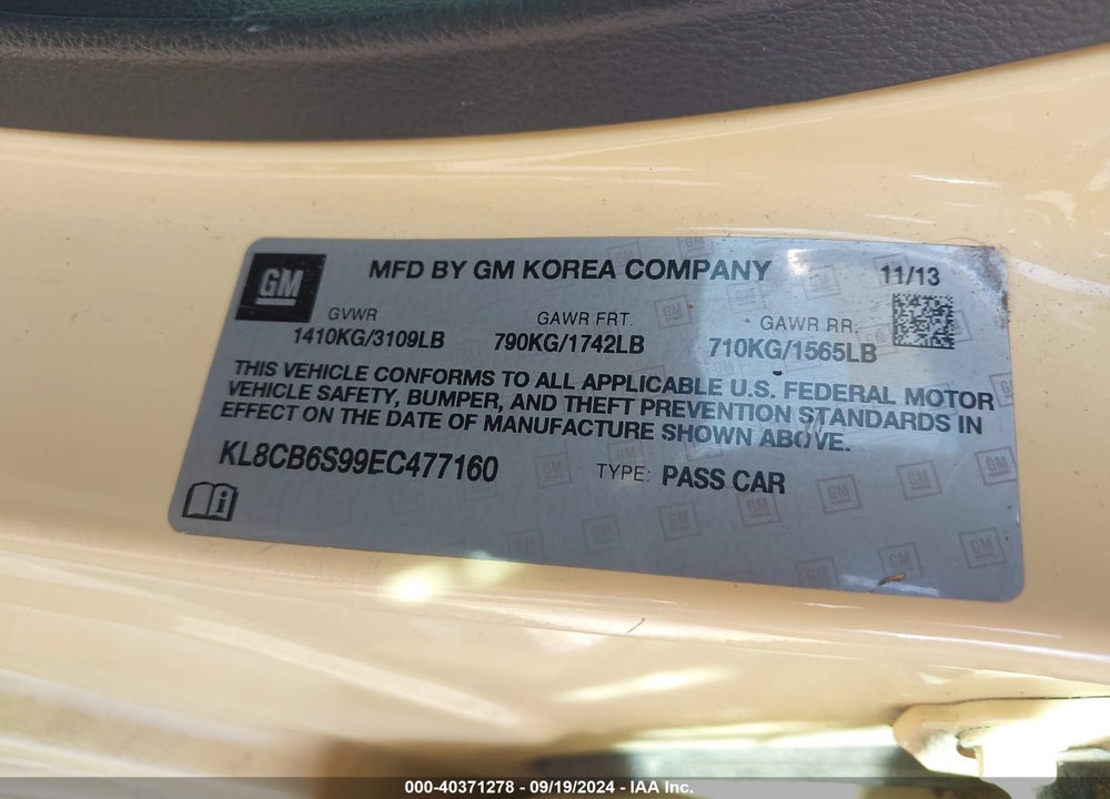 2014 CHEVROLET SPARK LS AUTO VIN: KL8CB6S99EC477160