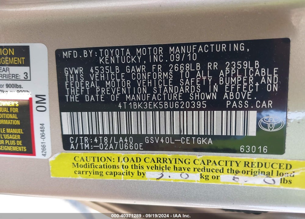 2011 TOYOTA CAMRY XLE V6 VIN: 4T1BK3EK5BU620395