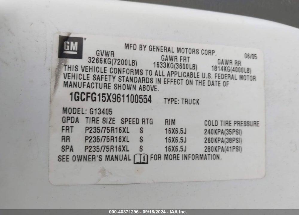 2006 CHEVROLET EXPRESS WORK VAN VIN: 1GCFG15X961100554