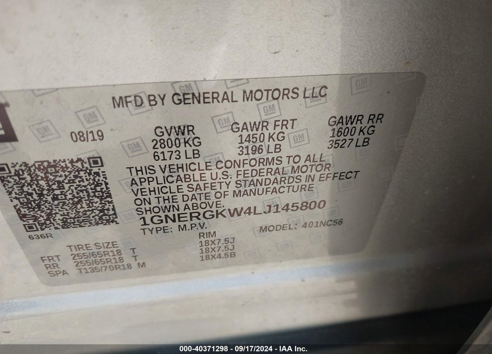 2020 CHEVROLET TRAVERSE VIN: 1GNERGKW4LJ145800