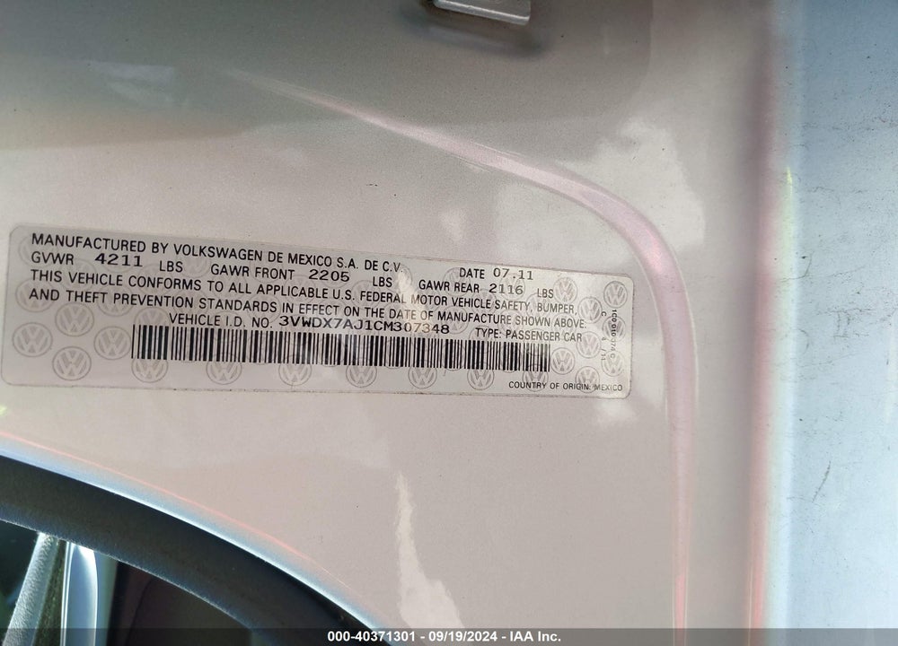 2012 VOLKSWAGEN JETTA 2.5L SE VIN: 3VWDX7AJ1CM307348