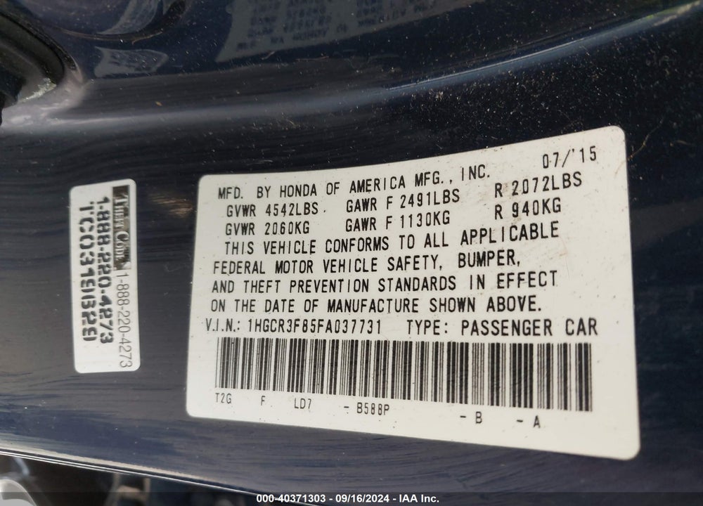 2015 HONDA ACCORD EX-L V-6 VIN: 1HGCR3F85FA037731