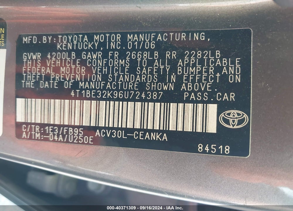 2006 TOYOTA CAMRY LE VIN: 4T1BE32K96U724387