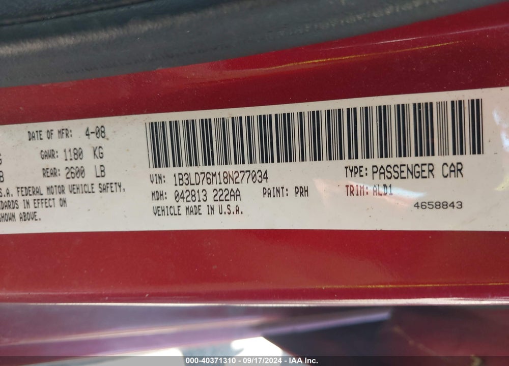 2008 DODGE AVENGER R/T VIN: 1B3LD76M18N277034
