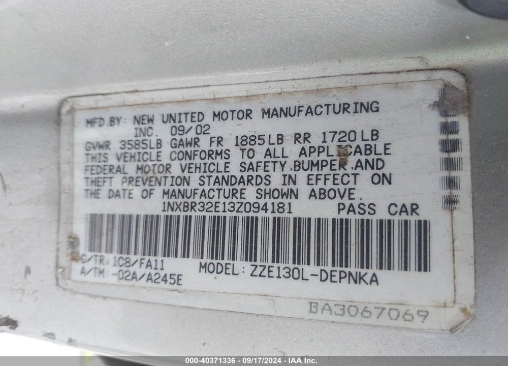 2003 TOYOTA COROLLA LE VIN: 1NXBR32E13Z094181