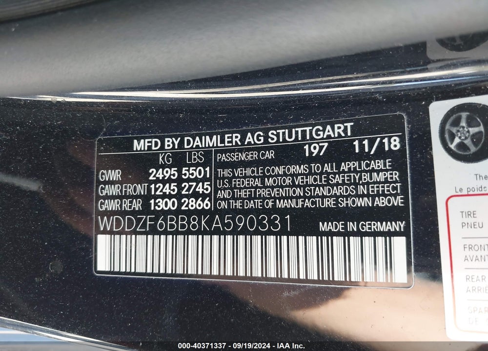 2019 MERCEDES-BENZ AMG E 53 4MATIC VIN: WDDZF6BB8KA590331