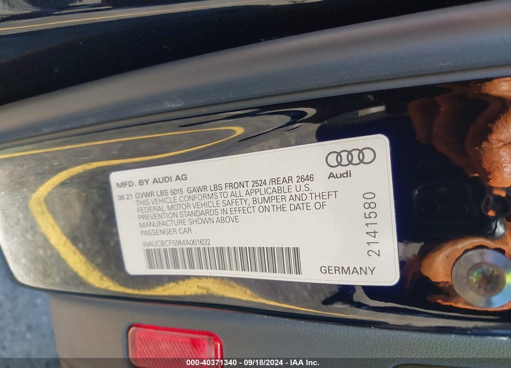 2021 AUDI A5 SPORTBACK PREMIUM PLUS 40 TFSI QUATTRO S TRONIC VIN: WAUCBCF59MA061632