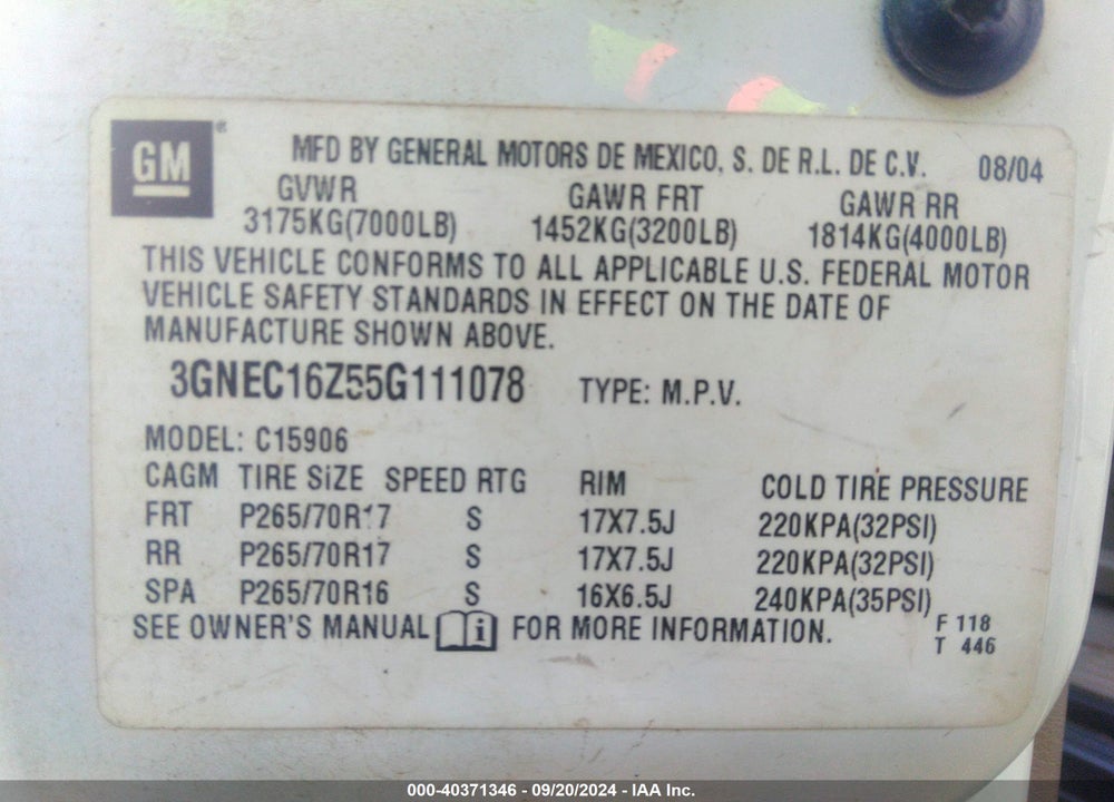 2005 CHEVROLET SUBURBAN 1500 LT VIN: 3GNEC16Z55G111078