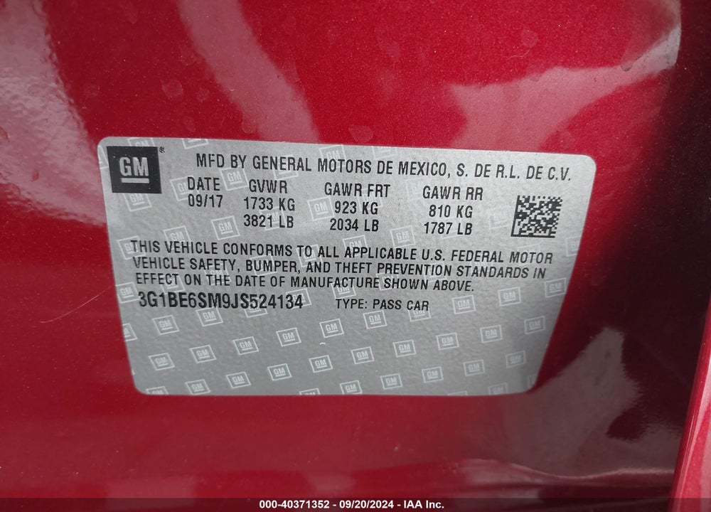2018 CHEVROLET CRUZE LT AUTO VIN: 3G1BE6SM9JS524134