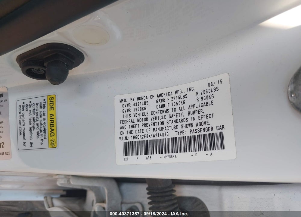 2015 HONDA ACCORD EX-L VIN: 1HGCR2F8XFA214073
