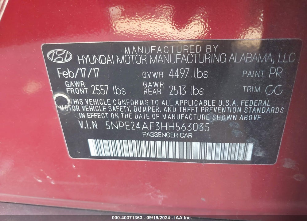 2017 HYUNDAI SONATA SE VIN: 5NPE24AF3HH563035