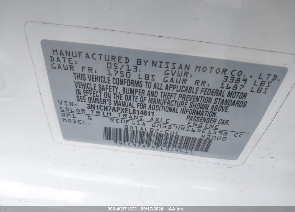 2014 NISSAN VERSA 1.6 SV VIN: 3N1CN7APXEL814611