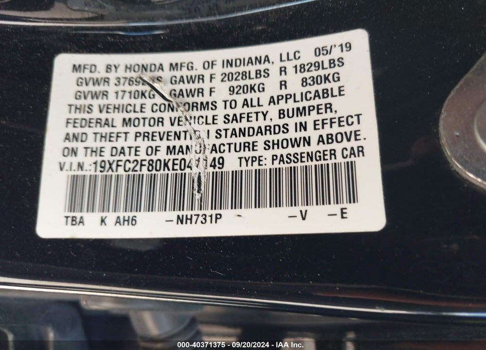 2019 HONDA CIVIC SPORT VIN: 19XFC2F80KE041149