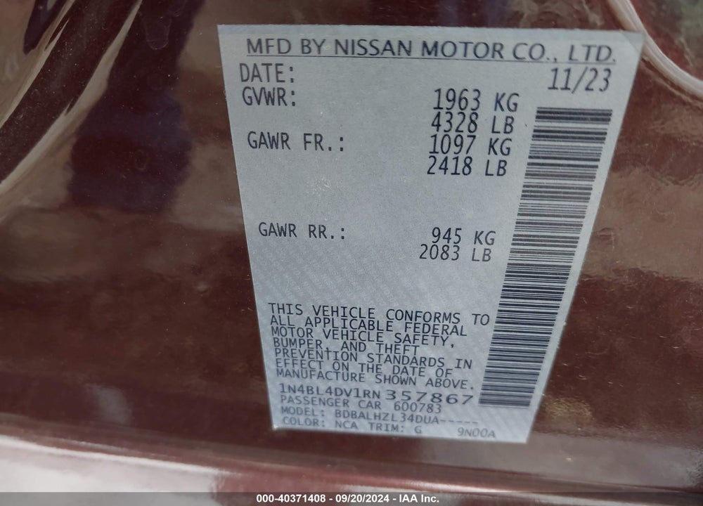 2024 NISSAN ALTIMA SV FWD VIN: 1N4BL4DV1RN357867