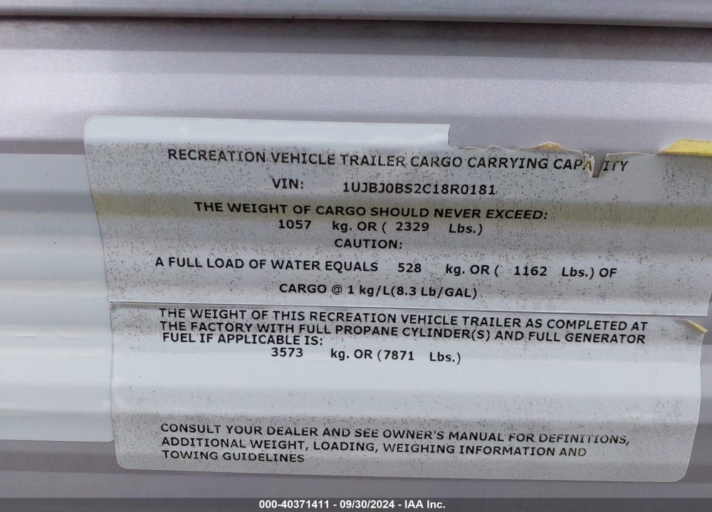 2012 JAYCO OTHER VIN: 1UJBJ0BS2C18R0181
