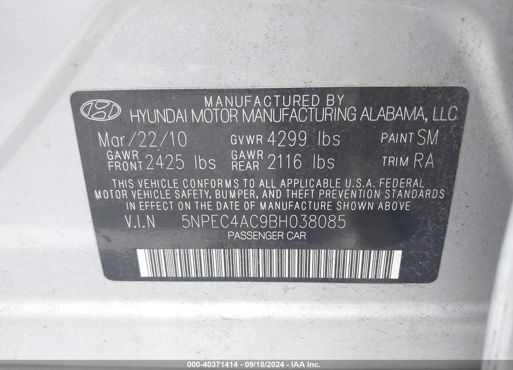 2011 HYUNDAI SONATA SE VIN: 5NPEC4AC9BH038085
