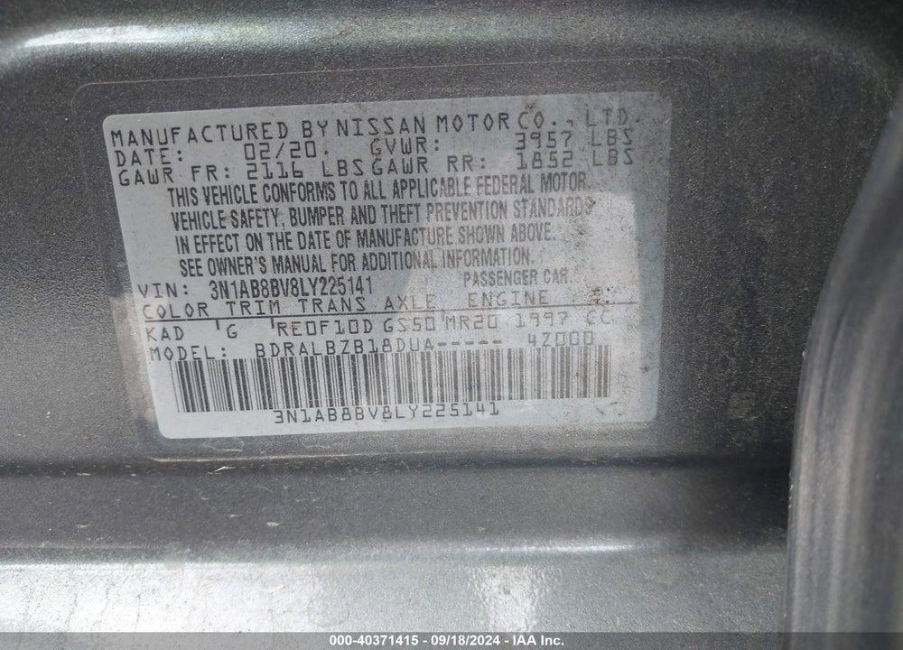 2020 NISSAN SENTRA VIN: 3N1AB8BV8LY225141