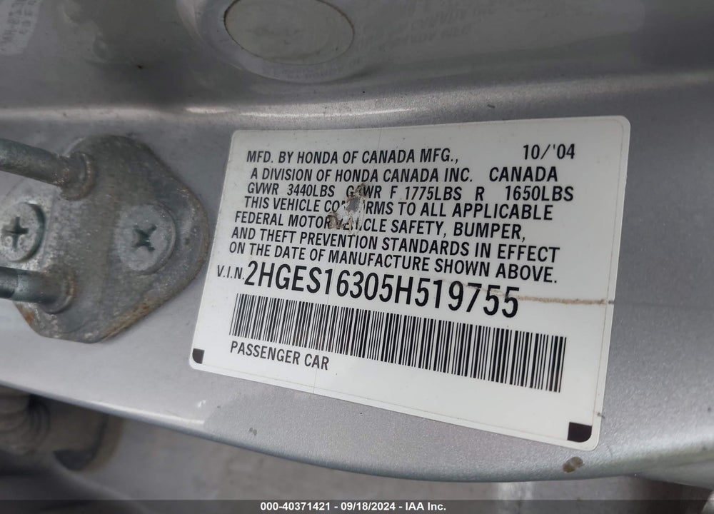 2005 HONDA CIVIC VP VIN: 2HGES16305H519755