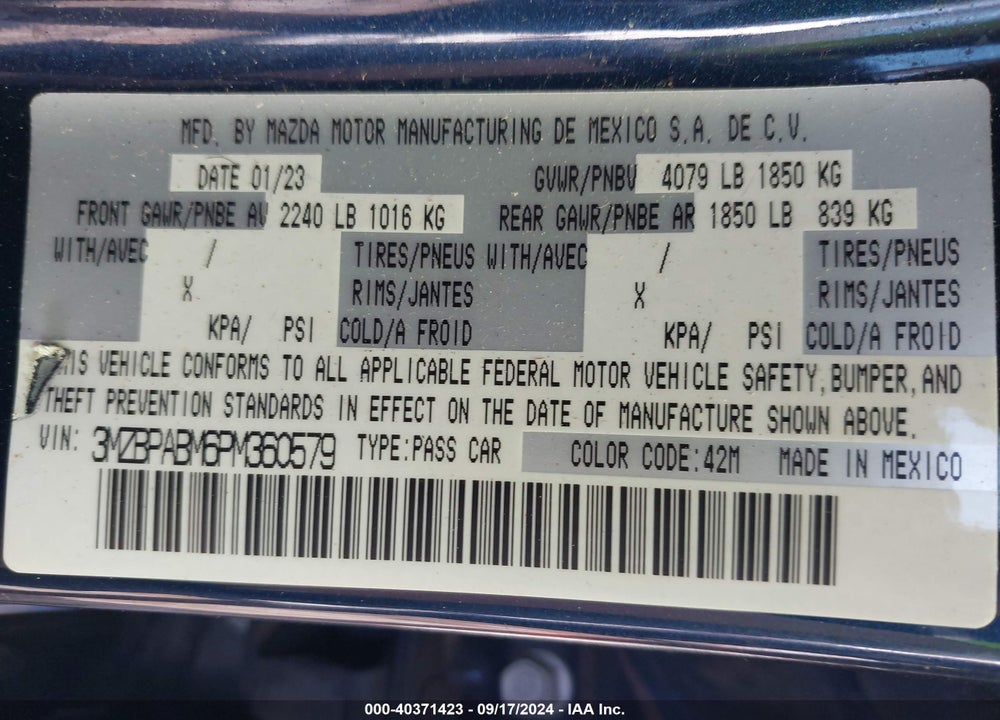 2023 MAZDA 3 2.5 S SELECT VIN: 3MZBPABM6PM360579