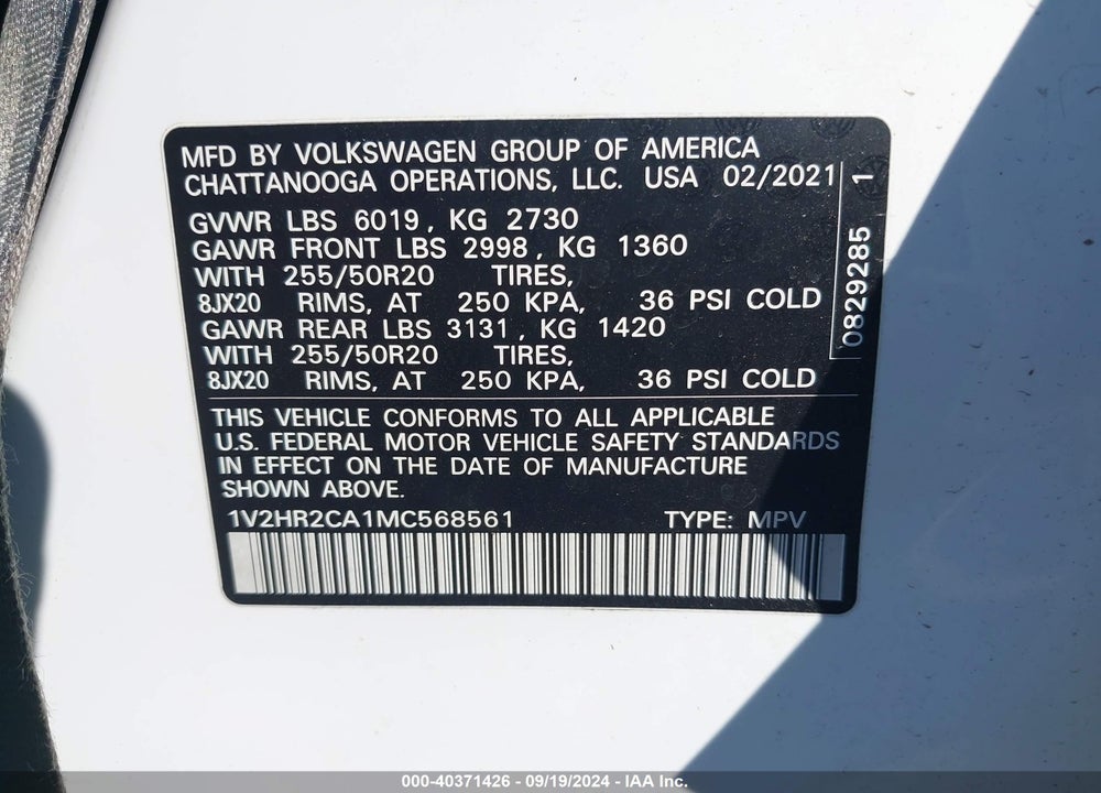2021 VOLKSWAGEN ATLAS 3.6L V6 SE W/TECHNOLOGY VIN: 1V2HR2CA1MC568561