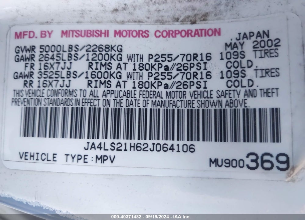 2002 MITSUBISHI MONTERO SPORT ES/LS VIN: JA4LS21H62J064106