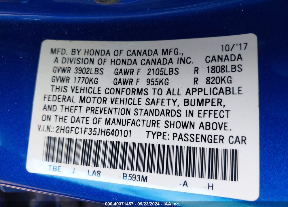 2018 HONDA CIVIC EX-T VIN: 2HGFC1F35JH640101