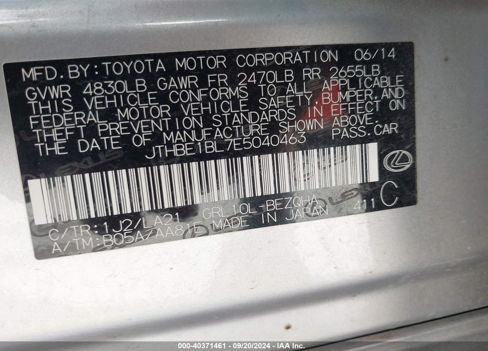 2014 LEXUS GS 350 VIN: JTHBE1BL7E5040463