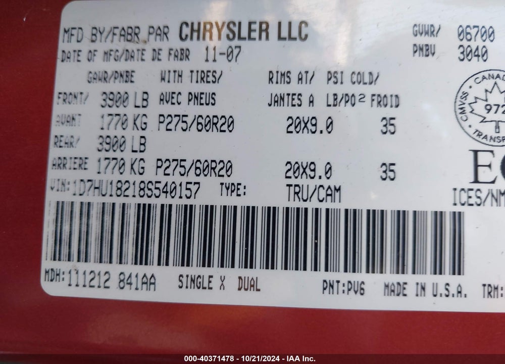2008 DODGE RAM 1500 SLT VIN: 1D7HU18218S540157