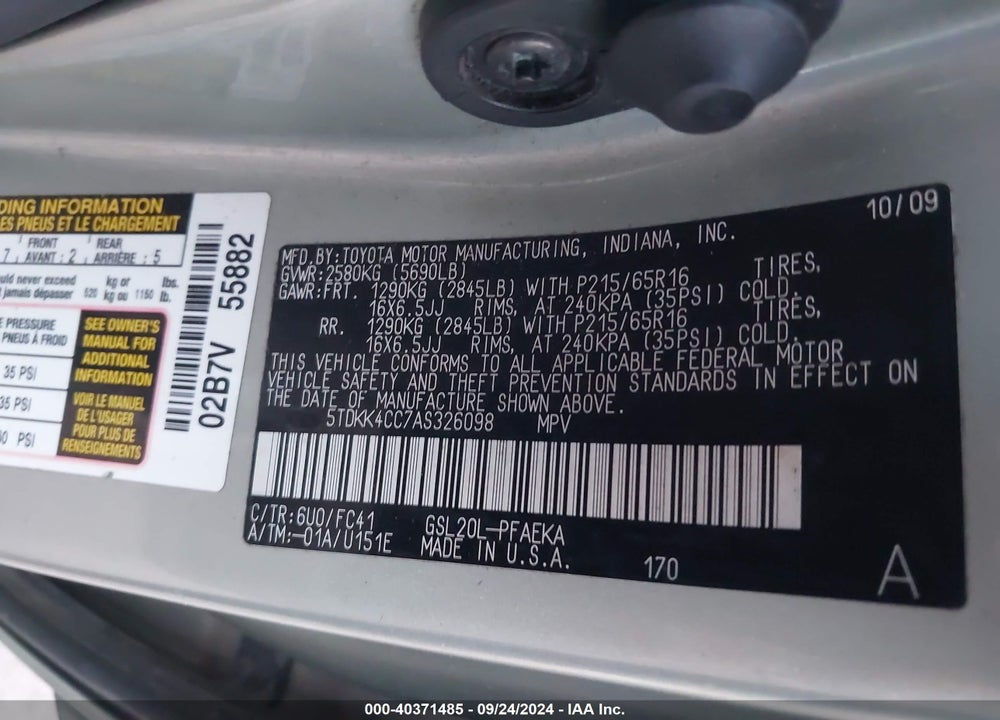 2010 TOYOTA SIENNA LE VIN: 5TDKK4CC7AS326098