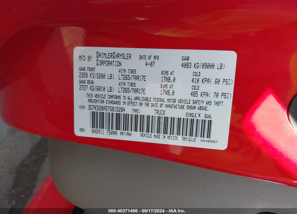 2007 DODGE RAM 2500 VIN: 3D7KS28A57G815284