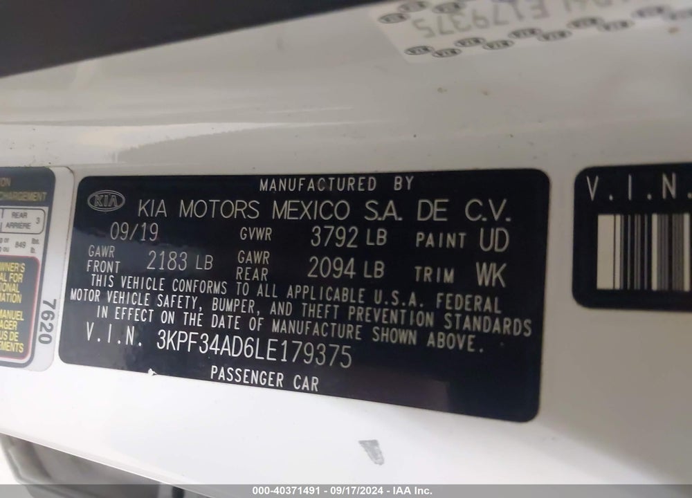 2020 KIA FORTE GT LINE VIN: 3KPF34AD6LE179375