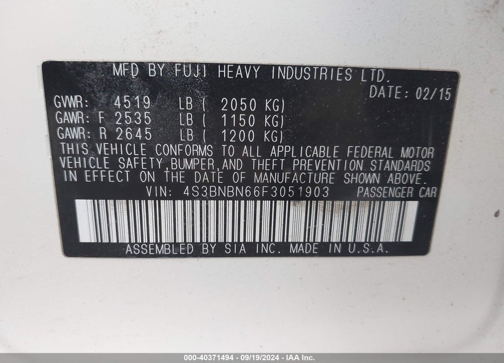 2015 SUBARU LEGACY 2.5I LIMITED VIN: 4S3BNBN66F3051903