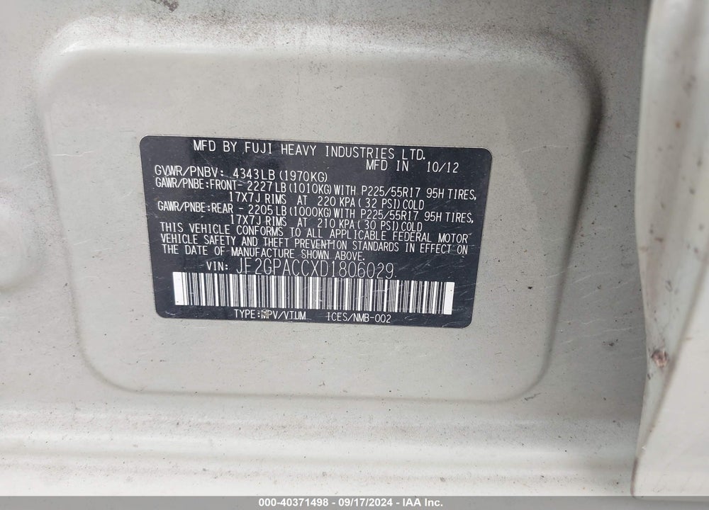 2013 SUBARU XV CROSSTREK 2.0I PREMIUM VIN: JF2GPACCXD1806029
