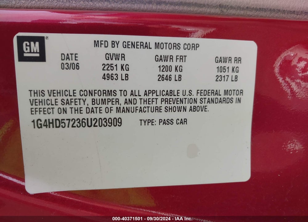 2006 BUICK LUCERNE CXL VIN: 1G4HD57236U203909